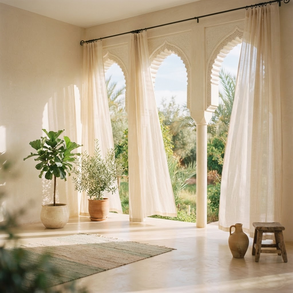 Soft morning light streaming through elegant Islamic arches into a calm, plant-filled space