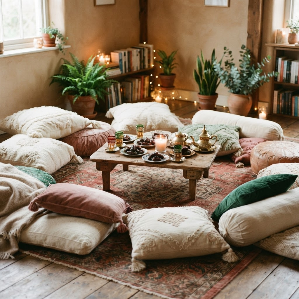 A warm gathering space with floor cushions, textiles, dates and tea