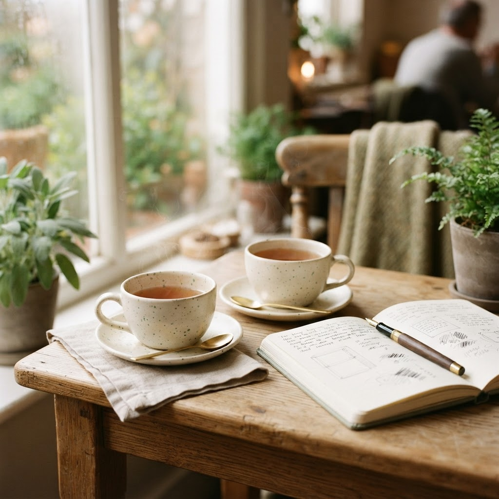 Two cups of tea beside an open notebook in soft window light
